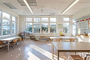 A bright and airy classroom with numerous desks arranged neatly under windows, creating a conducive learning environment, A bright