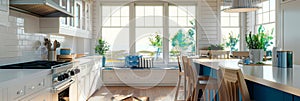 Bright and airy coastal kitchen with white cabinets and blue accents sunny day