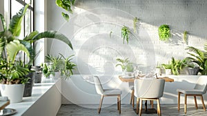 Bright and Airy Dining Room with Natural Light and Green Plants. Generative ai