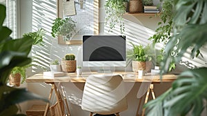 A bright and airy home office setup with a desk, computer, and various indoor plants in sunlight. Generative AI Illustration.