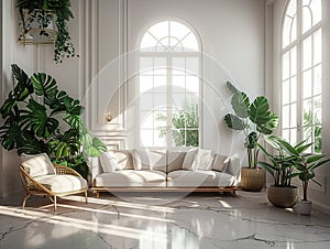 Bright and airy living room with large windows and lush plants. The perfect space for relaxing and enjoying the sunshine