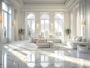 Bright and airy living room with large windows and white marble floors. The room is furnished with a large white sofa, two