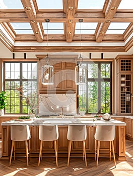 Bright and airy luxury kitchen with skylights and natural wood finishes photo