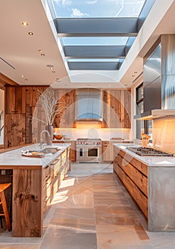 Bright and airy luxury kitchen with skylights and natural wood finishes photo
