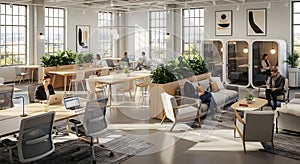 Modern Open-Plan Office with Collaborative Spaces and Natural Light