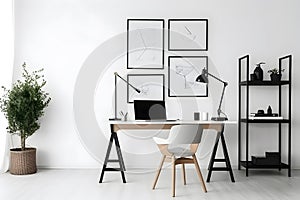 Bright and airy study room with a spacious white wall and an empty frame mockup, offering the freedom to showcase preferred prints