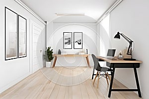 Bright and airy study room with a spacious white wall and an empty frame mockup, offering the freedom to showcase preferred prints