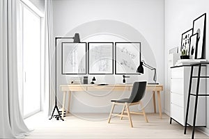 Bright and airy study room with a spacious white wall and an empty frame mockup, offering the freedom to showcase preferred prints