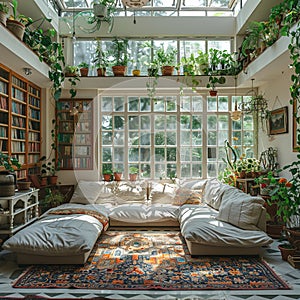 Bright and airy sunroom filled with plants and natural light