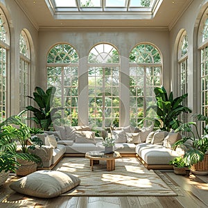 Bright and airy sunroom filled with plants and natural light3D render