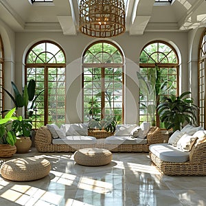 Bright and airy sunroom filled with plants and natural light3D render