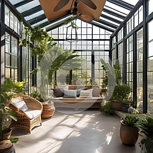 A bright and airy sunroom with lots of plants, wicker furniture, and natural light1