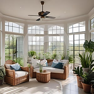 A bright and airy sunroom with lots of plants, wicker furniture, and natural light2