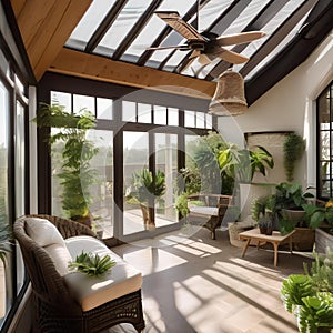 A bright and airy sunroom with lots of plants, wicker furniture, and natural light3