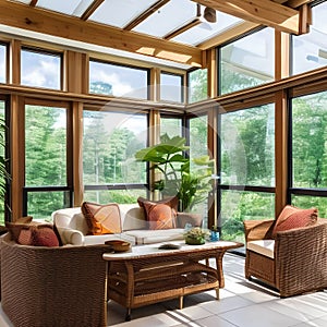 10 A bright and airy sunroom with plenty of natural light, indoor plants, and wicker furniture5, Generative AI