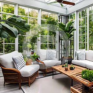 A bright and airy sunroom with plenty of plants and natural light1, Generative AI