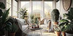 Bright and airy sunroom with wicker furniture and indoor plants. Generative AI