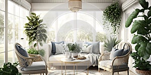 Bright and airy sunroom with wicker furniture and indoor plants. Generative AI