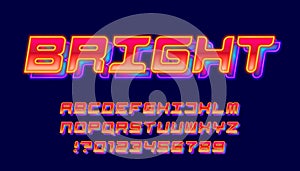 Bright alphabet font. Glowing neon letters and numbers.