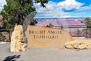 Bright Angel Trailhead sign carved in stone at trailhead in Grand Canyon National Park