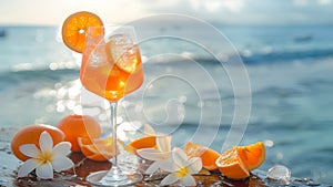 Bright Aperol Spritz cocktails with coastline as a backdrop.