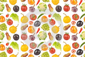 Bright appetizing fruits and vegetables on white. Seamless pattern