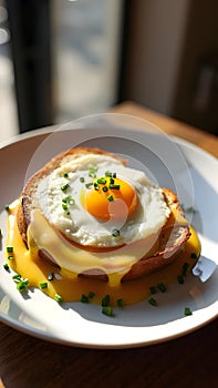 Sunny Side Up Egg on Cheese Toast, Garnished with Chives photo