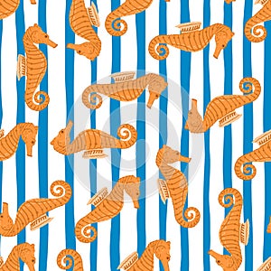 Bright aquatic seamless pattern with orange seahorse doodle ornament. White and blue striped background