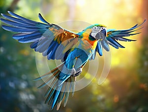 Ai Generated illustration Wildlife Concept of Bright ara parrot flying