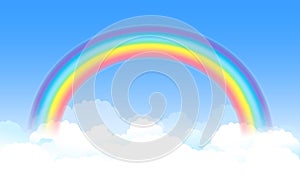 Bright arched rainbow with blue sky and white clouds. Vector