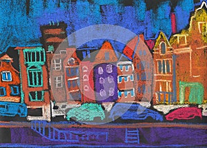Bright artwork in pastel style a view of street Amsterdam with modern Buildings.