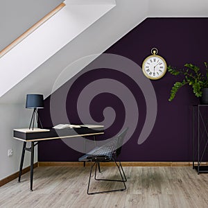 Attic home office room with violet wall