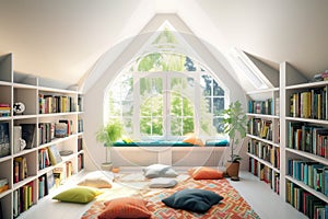 bright attic room with floor cushions, bookshelves, and a window seat