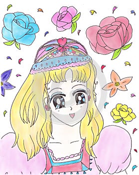 Bright attractive blonde young girl shoujo anime manga style in pink gown with exotic tiara color illustration 2021 photo