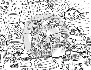 Bright attractive cartoon bunny rabbit family preparing and cooking at a foodstall children`s coloring page art illustration 2021