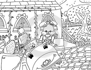 Bright attractive cartoon bunny rabbit and little bird friend doing carwash coloring page illustration 2021