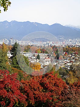 Bright attractive colorful autumn fall scenery of Metro Vancouver and downtown skyline