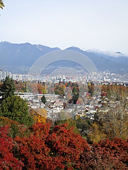 Bright attractive colorful autumn fall scenery of Metro Vancouver and downtown skyline