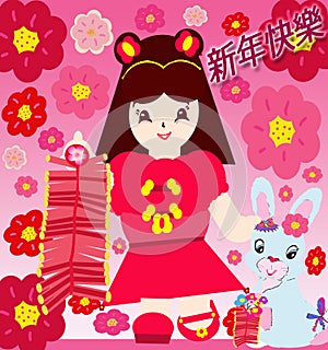Bright attractive little girl and light blue cartoon bunny rabbit holding fire crackers Chinese New Year illustration 2022