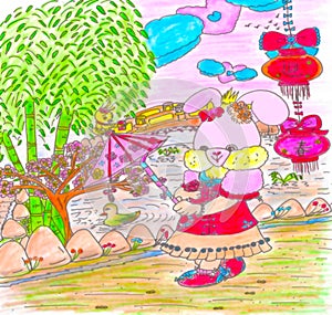 Bright attractive sweet colorful pink cartoon girl bunny rabbit celebrates Chinese New Year Spring 2021