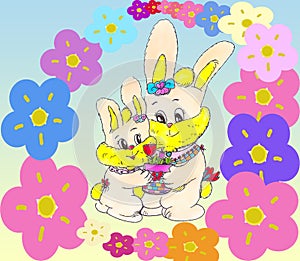 Bright attractive sweet colorful springtime mother and child bunny rabbits cartoon with forget me not background 2021