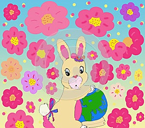 Bright attractive sweet light brown pink cartoon girl bunny rabbit with pink red plum blossom flower art in background 2021