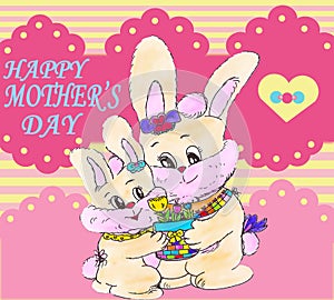 Bright attractive sweet soft pink `Happy Mother`s Day` background mother and child bunny rabbits smiling 2021