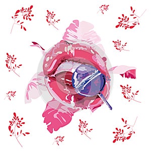 A bright and author's illustration of a woman's glossy lips and a lollipop against