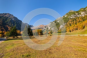 Bright autumn alpine mountain landscape. Austrian Alps, Stubai, Tyrol, Austria