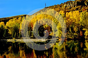 Bright autumn day, reflected in blue pond surrounded by trees have all the autumn beauty