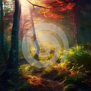 Bright autumn forest with sun rays between trees. Coniferous, mystic, enchanted atmosphere, orange, green colors