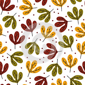 Bright autumn leaves seamless vector pattern. Hand drawn veined leaf on a stem. Flat cartoon elements isolated on white background