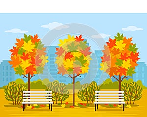 Bright autumn park in the city. Panorama of the city in October with maple trees and leaves. flat vector