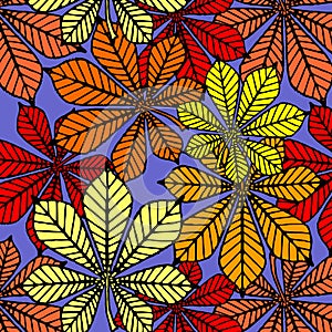 bright autumn seamless pattern of chestnut yellow and red leaves on a blue background